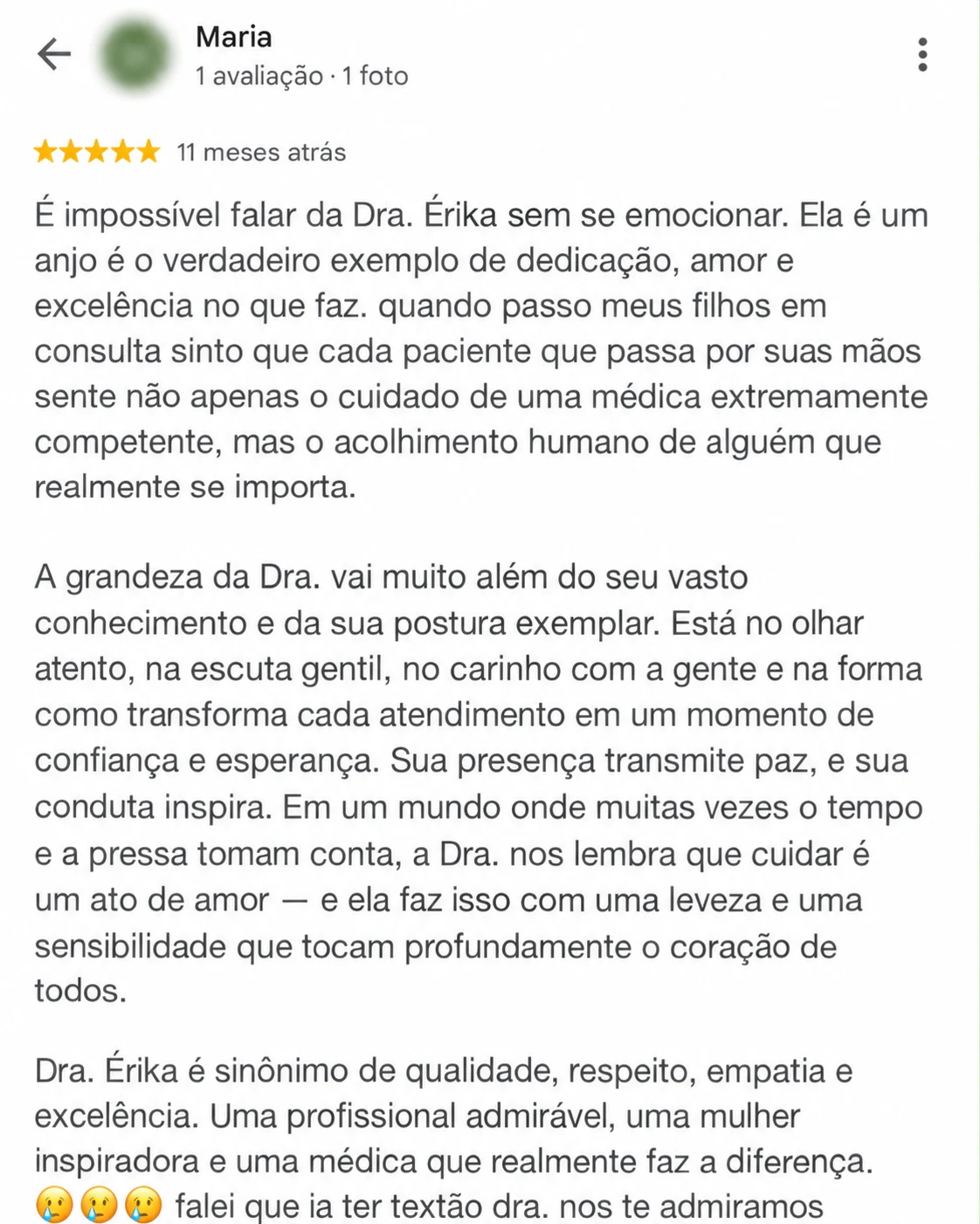 Avaliação completa de Maria no Google