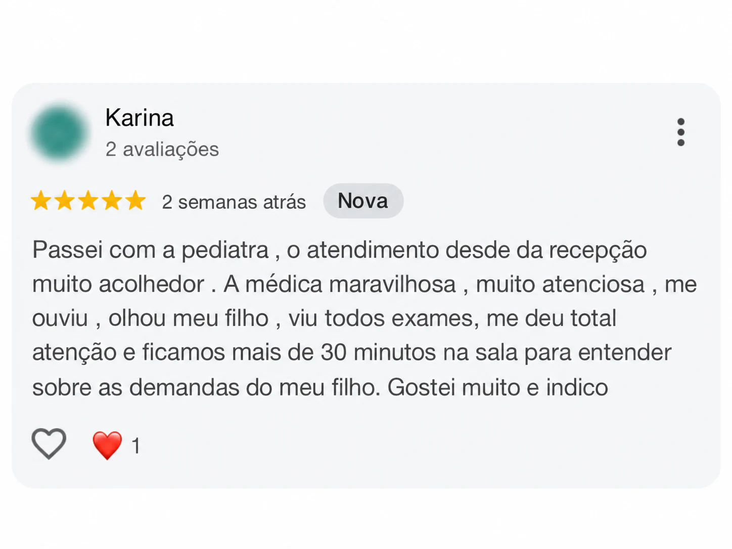 Avaliação completa de Karina no Google